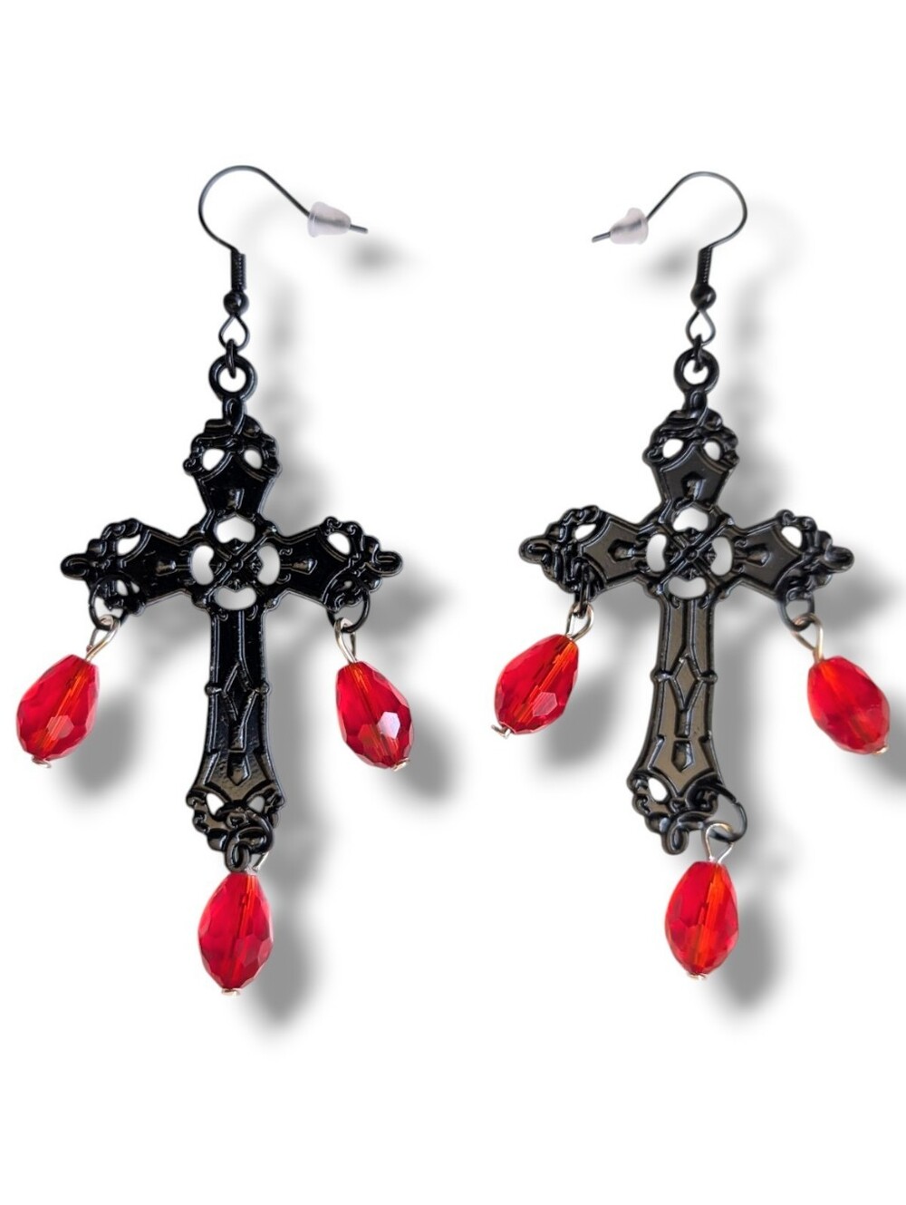 NWT Handmade Large Black Cross Dangly Red Gem Earrings